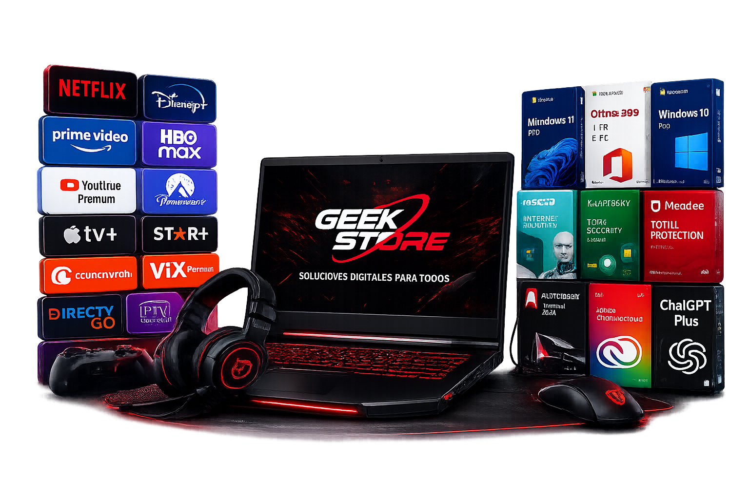 Laptop gamer con plataformas streaming y licencias digitales
